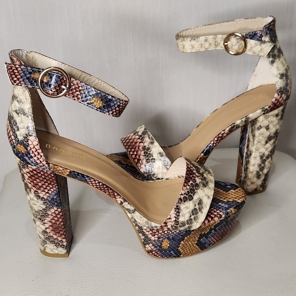multicolored snake print platform heel shoes